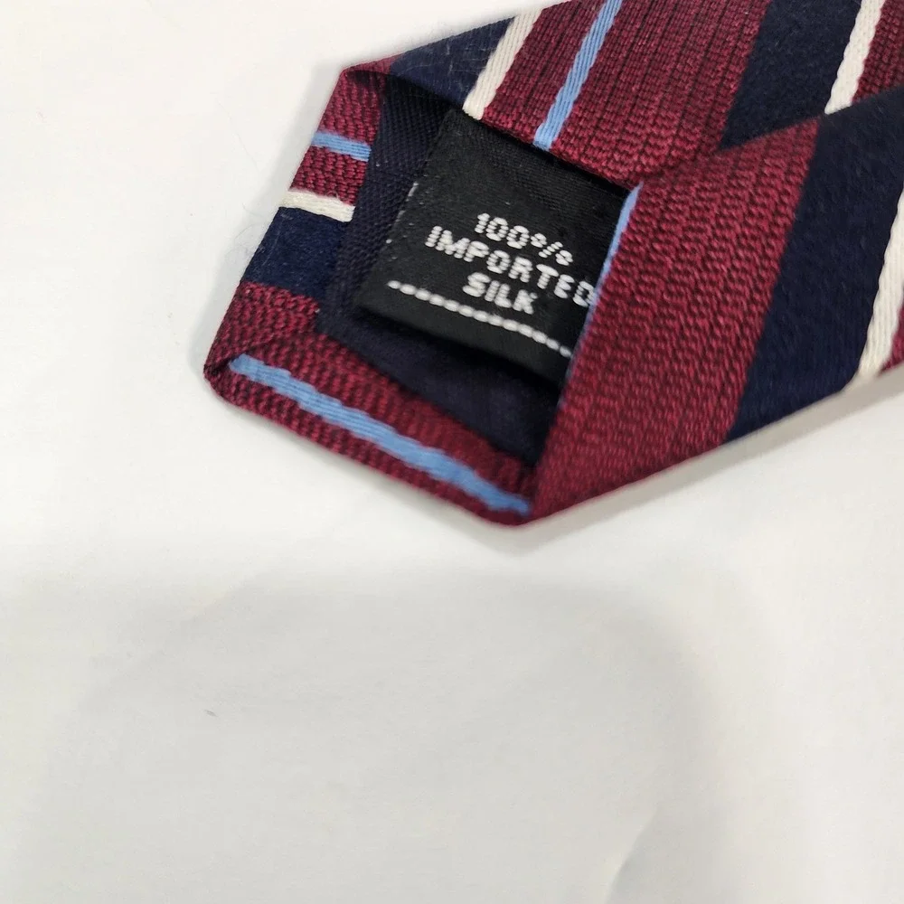 RBM Mens Silk Necktie Burgundy Navy Blue Striped Stain Resistant Made in USA